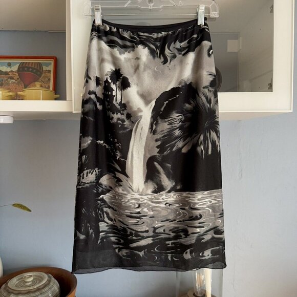 Vintage Y2K 90s Rampage Balinese Screen Print Mesh Skirt Goth Black White S - Picture 2 of 5